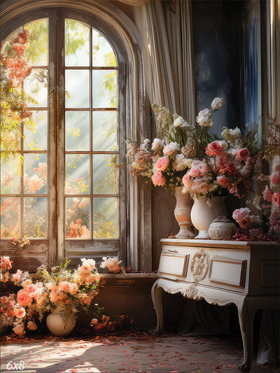 Enchanted Floral Window Photography Backdrop - Enchanted floral window photography backdrop with flowing curtains and vibrant flowers, perfect for romantic-themed photoshoots.