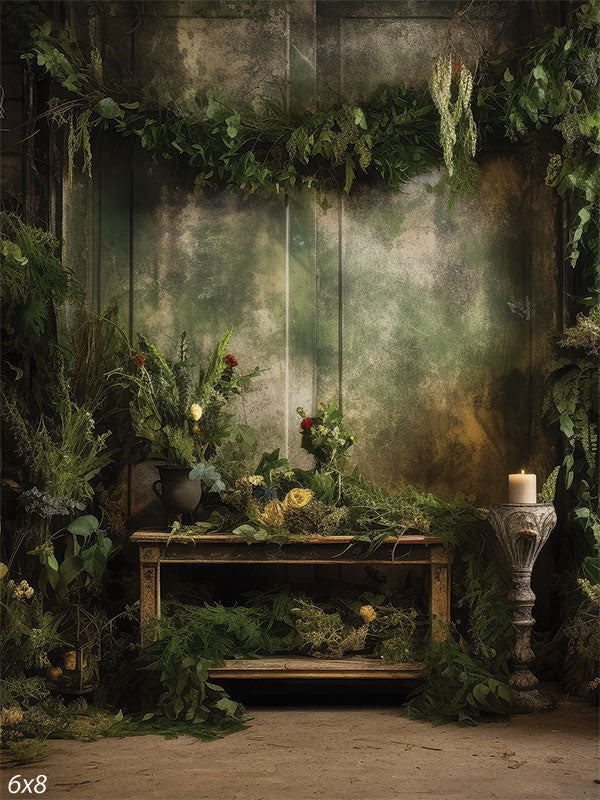 Enchanted Garden Photography Backdrop - Rustic garden scene with lush greenery, flowers, and a wooden table, perfect for whimsical photography.