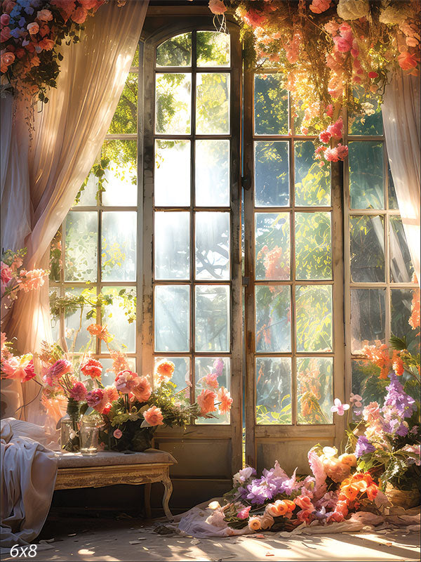 Enchanted Garden Window Photography Backdrop - Enchanted garden window photography backdrop with cascading flowers and lush greenery, perfect for whimsical photoshoots.