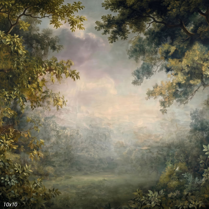 Printed studio background depicting a dreamy green forest scene with arching leafy branches, drifting mist, and a soft glowing sky over an open meadow.