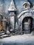 Enchanted Winter Castle Photography Backdrop - Enchanted winter castle courtyard with snowy trees and stone archway, ideal for creating magical holiday-themed photoshoots.