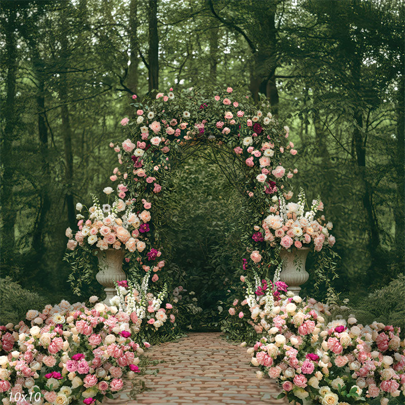 A detailed arch overflowing with flowers and framed by stone urns on a cobblestone path—ideal for romantic shoots.	Bridal portrait photo backdrop