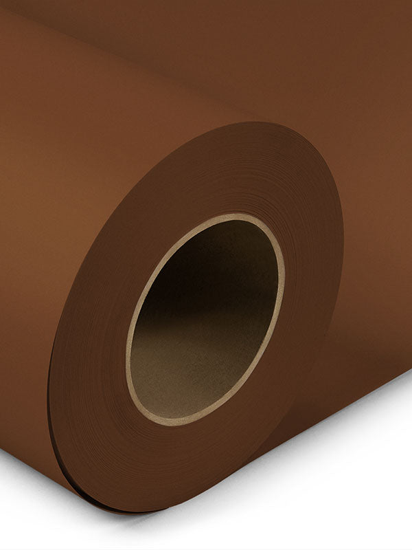 Close-up of a rolled espresso brown seamless backdrop paper designed for professional photography studios.