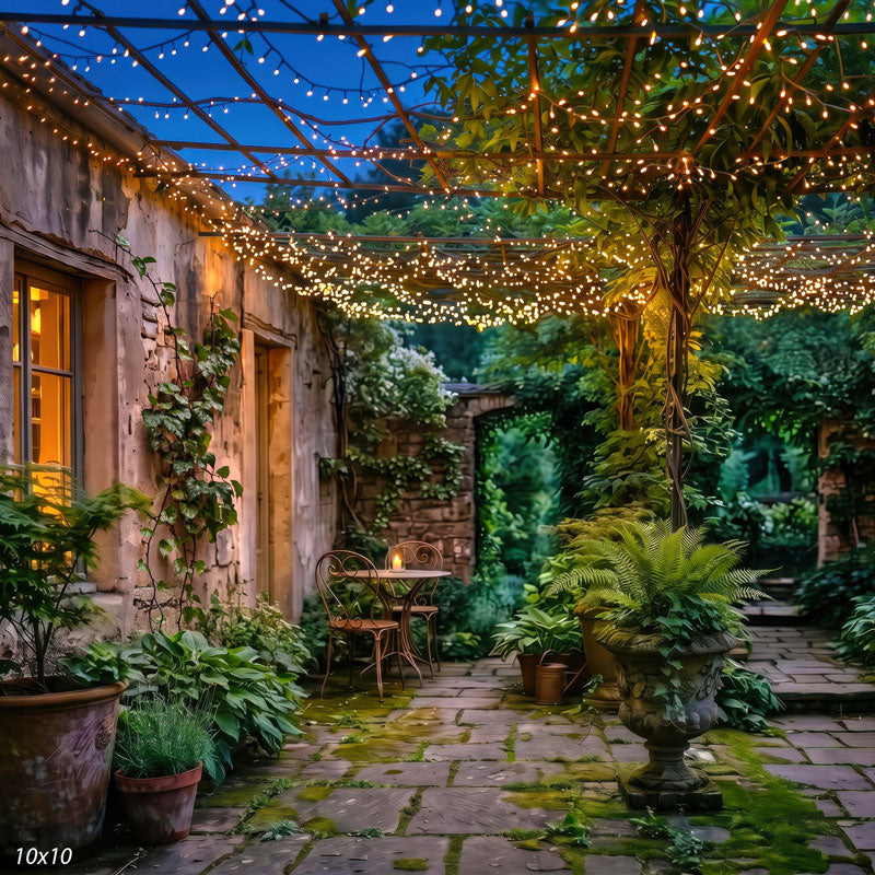 Wider view of the night pergola showing the full spread of string lights, a climbing vine and a stone archway into the garden beyond, a scenic photography backdrop.