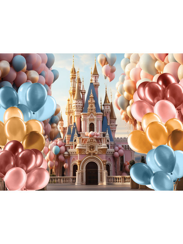 Fairy Tale Princess Cake Smash Party Backdrop - Magical castle surrounded by pastel balloons in shades of pink, blue, gold, and peach, perfect for cake smash and children's photoshoots.