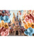 Fairy Tale Princess Cake Smash Party Backdrop - Magical castle surrounded by pastel balloons in shades of pink, blue, gold, and peach, perfect for cake smash and children's photoshoots.