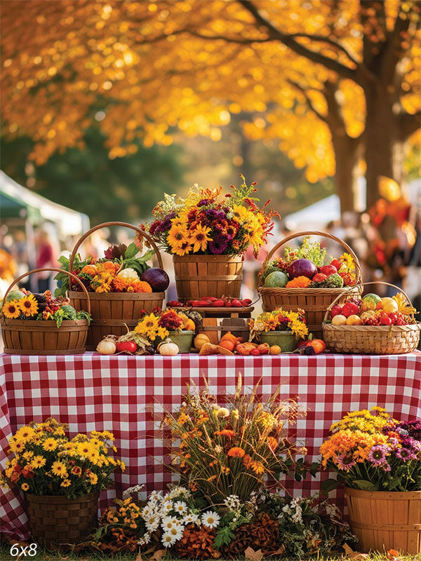 Autumn farmers market photography backdrop with gingham tablecloth, produce baskets, and golden fall foliage CP-8730