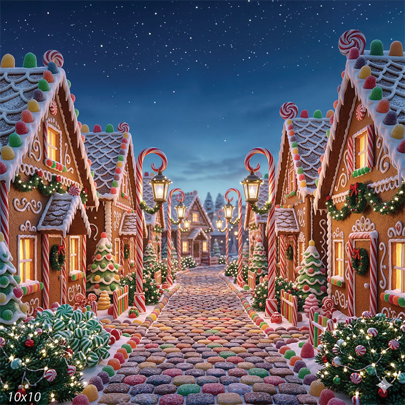 Fantasy candy-colored gingerbread houses night sky backdrop CP-8896