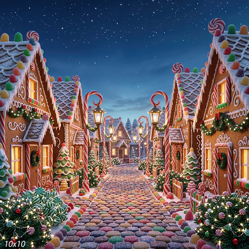 Fantasy candy-colored gingerbread houses night sky backdrop CP-8896