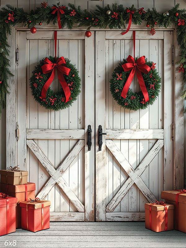 Farmhouse Noel rustic white barn doors twin Christmas wreaths red bow gift boxes backdrop CP-8933