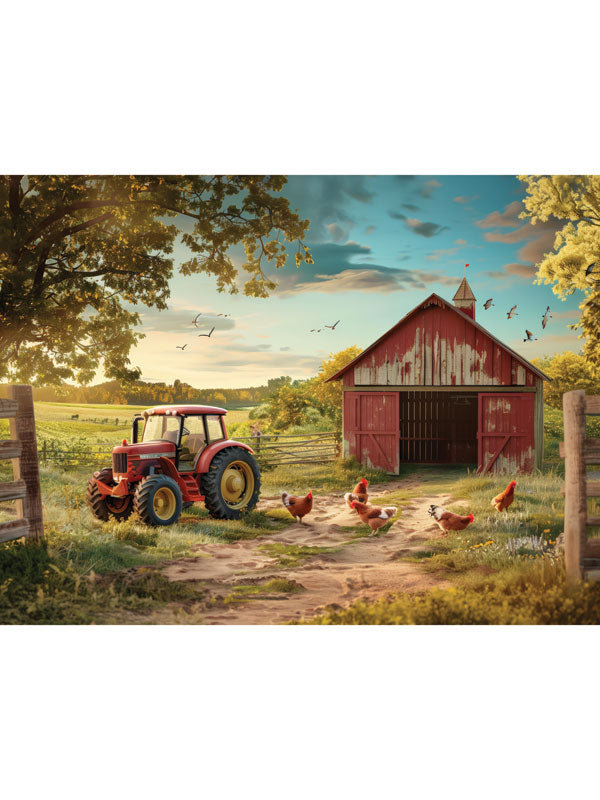 Farmyard Sunset with Red Tractor Photography Backdrop - Farmyard scene with a red tractor, barn, and chickens at sunset, perfect for farm-themed cake smash and children’s photoshoots.