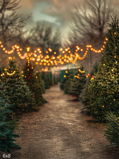 Festive Christmas Tree Pathway Photography Backdrop - Pathway lined with Christmas trees adorned with string lights, a canopy of twinkling lights strung above, and softly blurred trees in the background, creating a magical and festive holiday atmosphere.