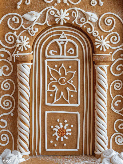 Festive Gingerbread House Door Christmas Backdrop - Festive gingerbread house door backdrop featuring a detailed door with white icing decorations, candy cane pillars, and intricate patterns, creating a cozy and whimsical holiday atmosphere.