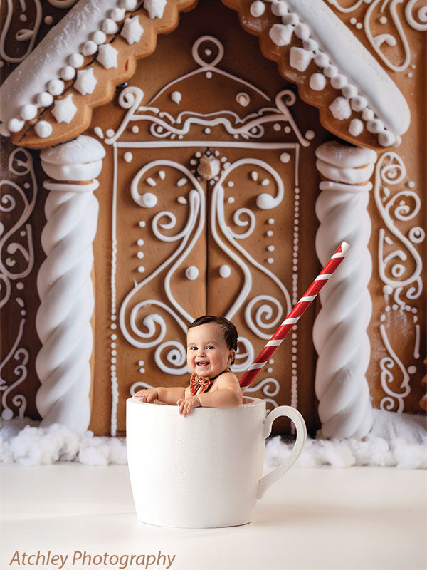 A beautifully detailed Christmas backdrop showcasing a grand gingerbread house entrance with ornate icing designs, candy embellishments, and delicately piped patterns.