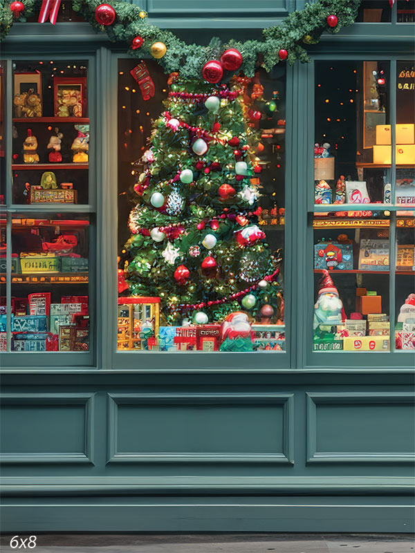 Festive Holiday Storefront Window Photography Backdrop - Festive holiday storefront window display featuring a large Christmas tree with colorful baubles, lights, and ribbons, surrounded by vintage-style toys, gifts, and holiday decorations, all framed by a dark teal wooden storefront frame.