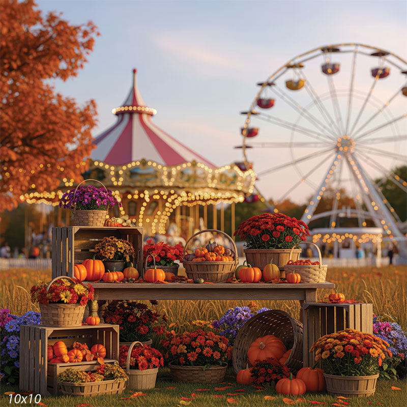 A cozy autumn portrait backdrop featuring a rustic harvest display in the foreground and glowing fairground rides in the distance.