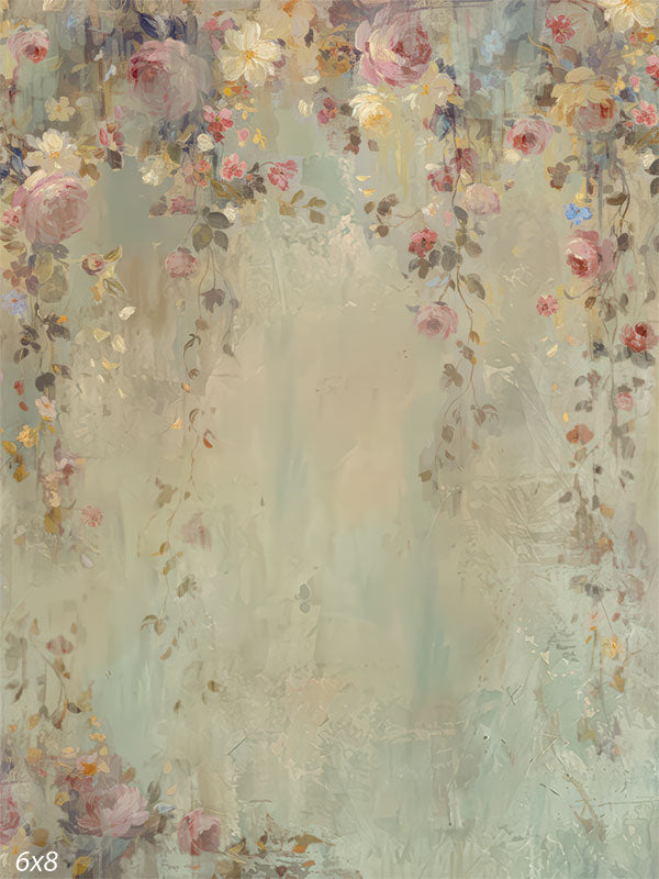 Vertical photography backdrop with cascading roses and soft wildflowers spilling from the top edges over a muted sage and beige painterly wash, leaving an open center area for portraits.