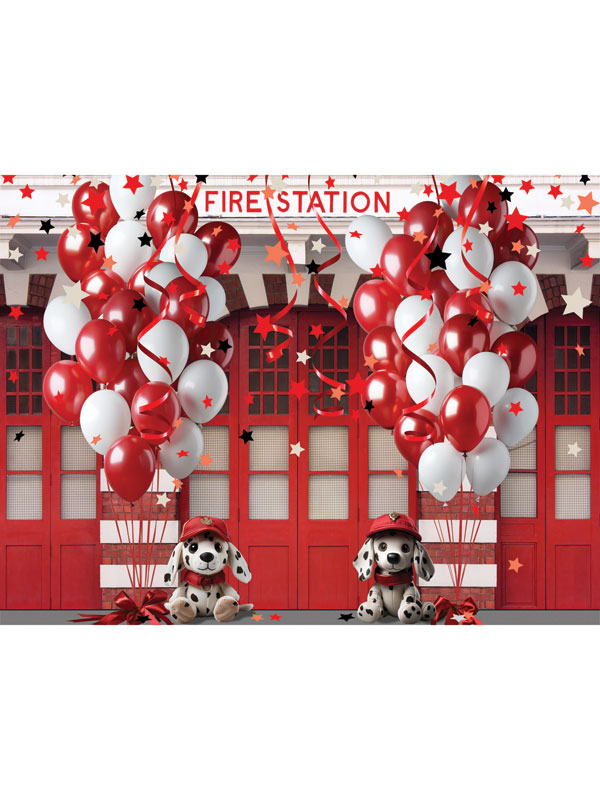 Firefighter Fun Cake Smash Backdrop - Vibrant firehouse-themed cake smash backdrop with red and white balloons, dalmatian stuffed animals, and a fire station setting.