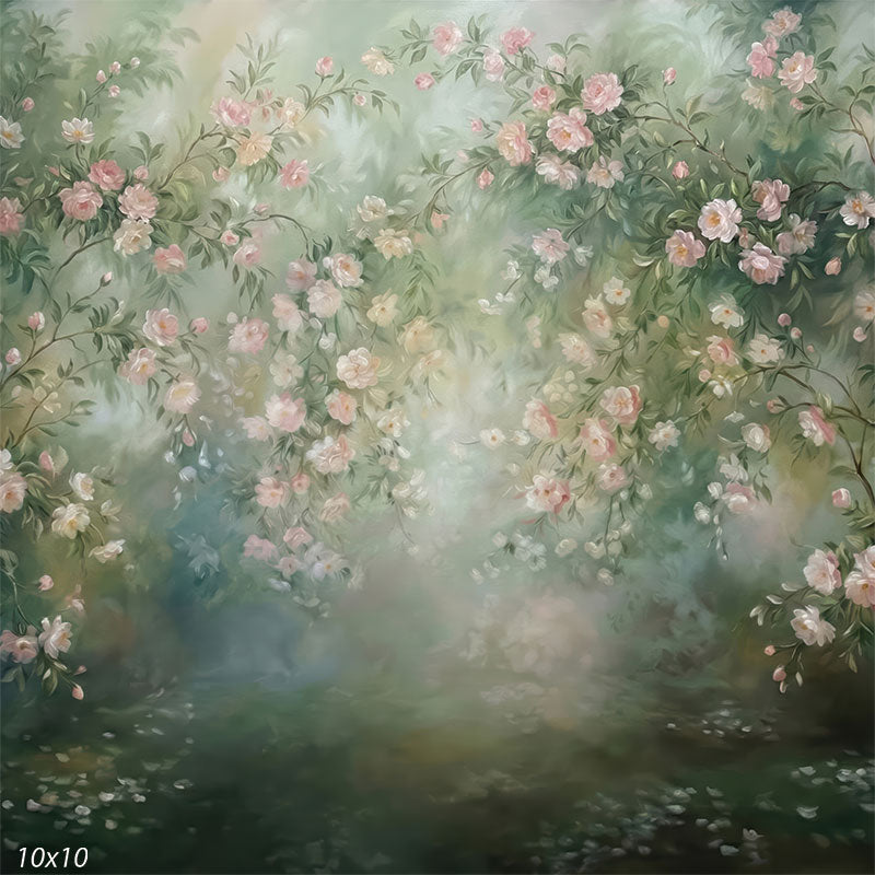 A wide photography backdrop featuring an arch of pink blossoms over a dreamy, impressionistic garden scene. The soft brushstrokes and diffused light create a romantic atmosphere for portraits.