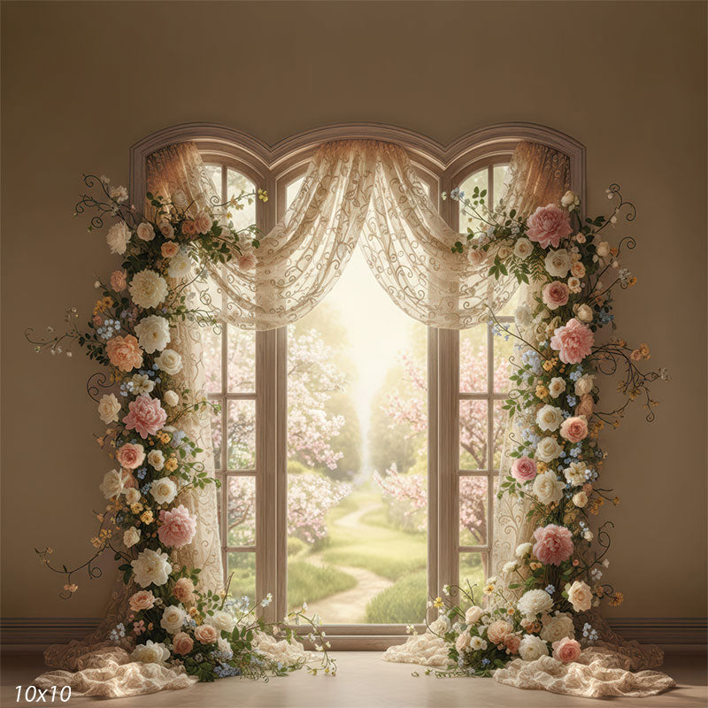 Printed studio background featuring a symmetrical arched window with sheer lace drape and pastel floral arrangements on both sides. The center opens to a softly lit garden path behind a subject.