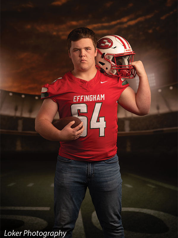Football field photography backdrop with evening sky and stadium lights, perfect for professional sports portrait shoots.