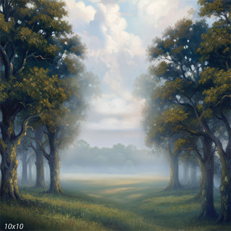 Printed studio background featuring a soft, painted-style wooded clearing with deep green shadows, a hazy horizon, and pale sky tones. Side trees create natural framing behind a subject.