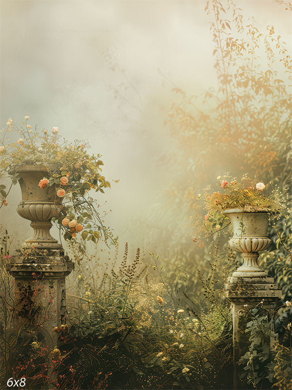 Vintage garden photography backdrop with stone urns, delicate flowers, and soft foliage for professional use.