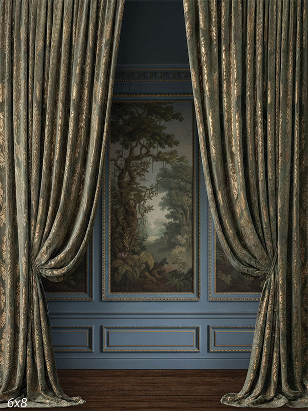 Formal interior photography backdrop featuring draped curtains, decorative wall paneling, and painted-style scenic artwork behind a portrait subject.