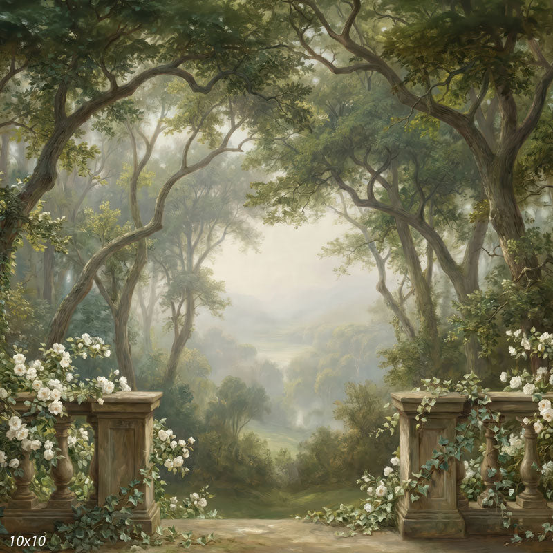 Garden Whisper rose-draped stone gate over misty garden valley wide scene backdrop CP-8952