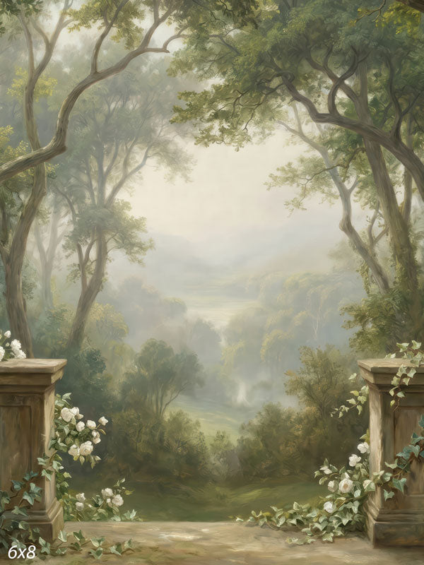 Garden Whisper stone garden gate with climbing white roses photography backdrop CP-8952
