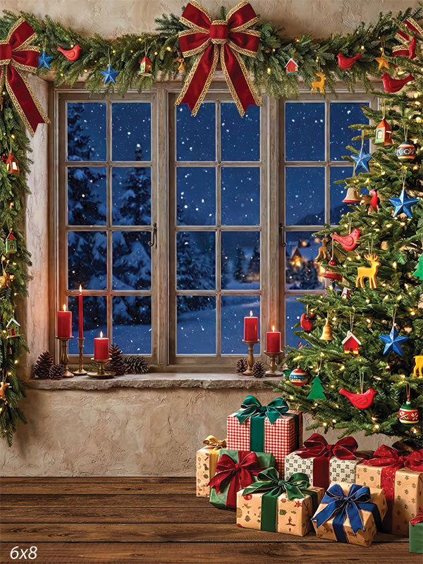 Garland window and Christmas tree with gift pile photography backdrop CP-8895
