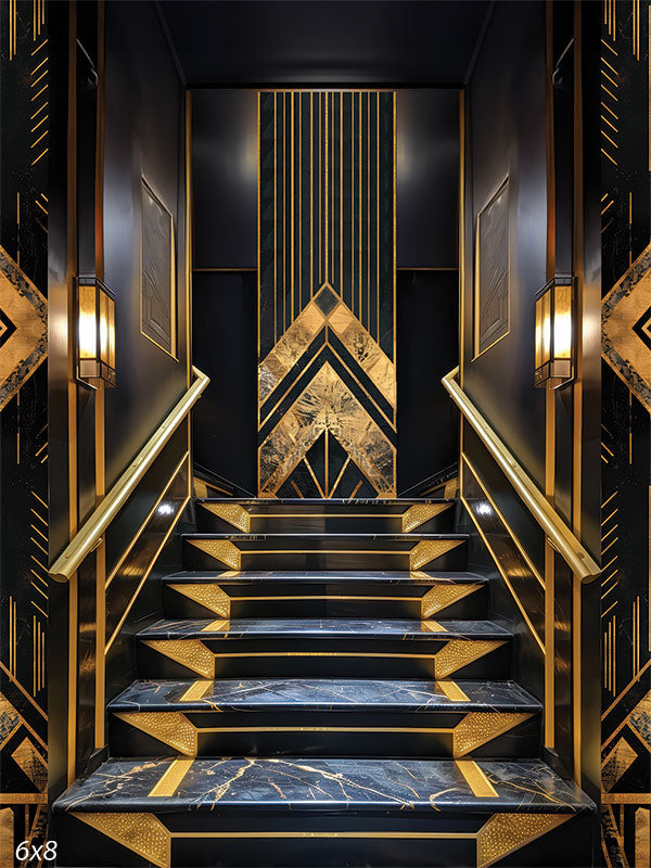 A luxurious gold and black Art Deco backdrop featuring geometric patterns, ideal for prom and themed event photography.