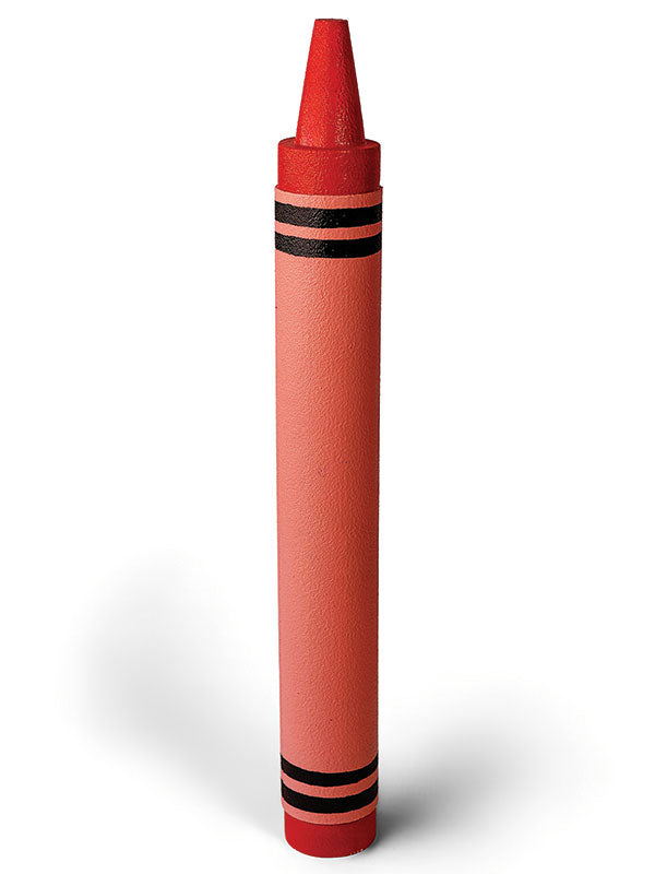 Giant red crayon standing upright on a white background, with a pointed tip and black stripe bands near each end, an oversized crayon photography prop.