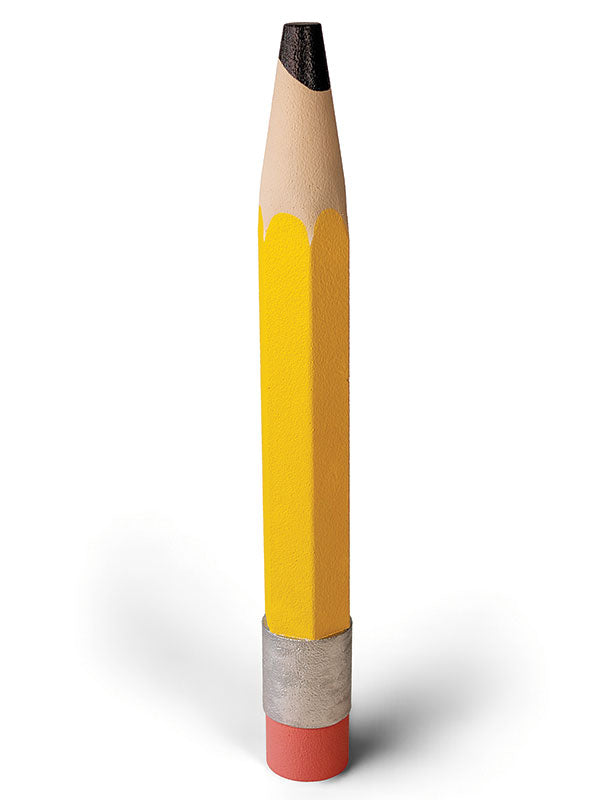 Giant yellow pencil standing upright on a white background, with a sharpened tan point, dark tip, silver ferrule, and pink eraser, an oversized pencil photography prop.