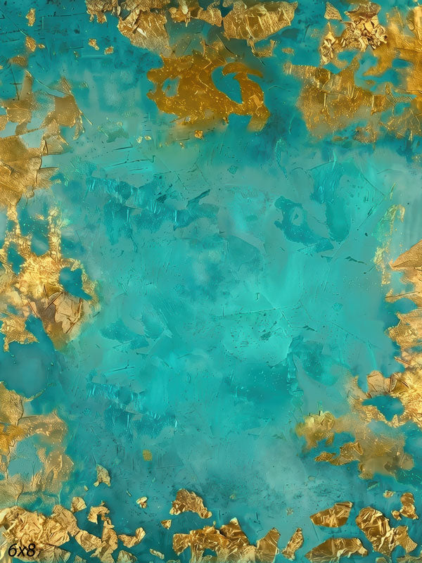 Printed photography backdrop showing teal and turquoise with scattered gold-leaf flecks, a soft mottled painterly texture with gentle tonal movement.
