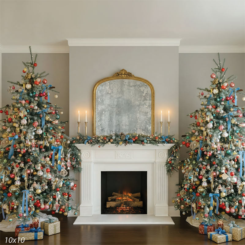 Gilt Hearth elegant fireplace with gold mirror two Christmas trees vintage ornaments wide scene backdrop CP-8935