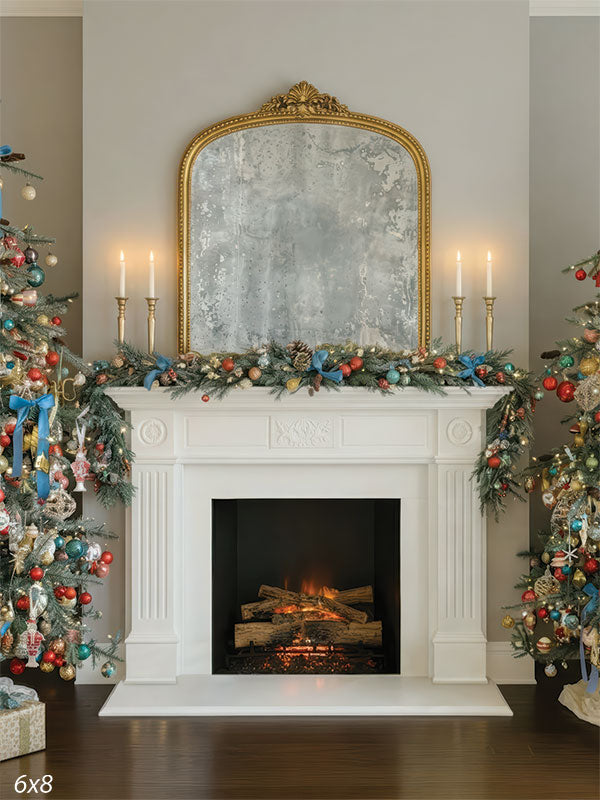 Gilt Hearth white mantel fireplace gold arched mirror candelabra vintage Christmas trees backdrop CP-8935