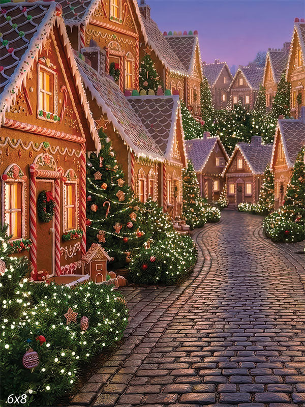 Ginger Cobble cobblestone gingerbread village twilight Christmas backdrop CP-8897