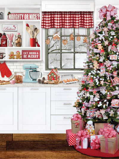 Gingerbread Christmas Kitchen Photography Backdrop - Festive kitchen scene with a Christmas tree, gingerbread cookies, and holiday decor for holiday-themed photography backdrops.