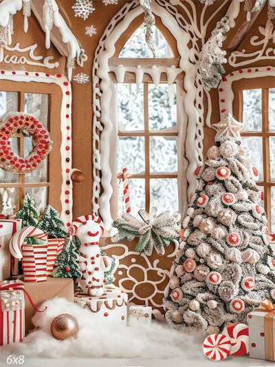 Gingerbread Cottage Photography Backdrop - Whimsical gingerbread house backdrop with frosted windows, candy cane decorations, a decorated Christmas tree, and festive holiday elements, ideal for holiday photography.