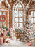 Gingerbread Cottage Photography Backdrop - Whimsical gingerbread house backdrop with frosted windows, candy cane decorations, a decorated Christmas tree, and festive holiday elements, ideal for holiday photography.