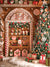 Gingerbread House Christmas Backdrop - Festive gingerbread house Christmas backdrop featuring intricate icing designs, an archway shelf with miniature Christmas decorations, a decorated Christmas tree with ornaments and lights, wrapped gifts, and fluffy white faux snow on the ground.