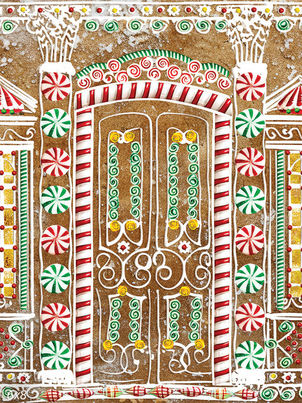 Gingerbread House Photography Backdrop - Charming gingerbread house backdrop with intricate icing designs, peppermint candies, and colorful holiday decorations, ideal for holiday photography.