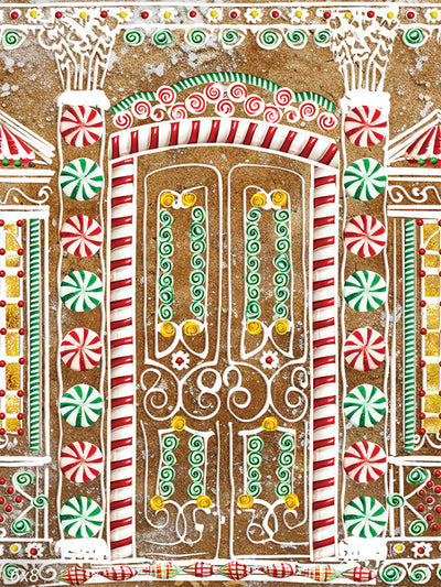 Gingerbread House Photography Backdrop - Charming gingerbread house backdrop with intricate icing designs, peppermint candies, and colorful holiday decorations, ideal for holiday photography.