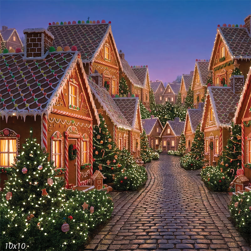 Gingerbread houses cobblestone street dusk Christmas backdrop CP-8897