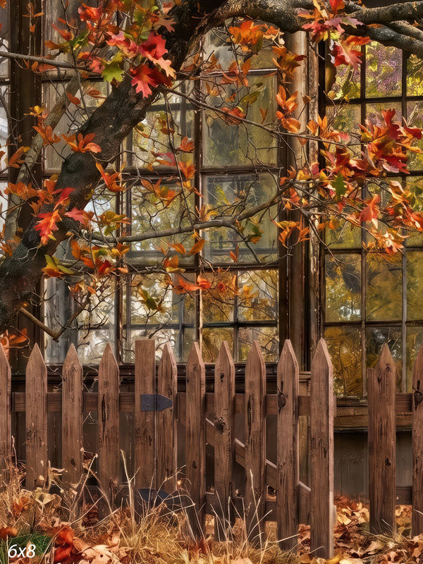 Rustic greenhouse photography backdrop with a weathered multi-pane window wall behind a picket fence and an oak branch of orange autumn leaves.