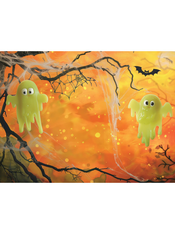 Glow-in-the-Dark Halloween Ghosts Photography Backdrop - Glow-in-the-dark ghost photography backdrop with Halloween elements, perfect for kids' photoshoots.