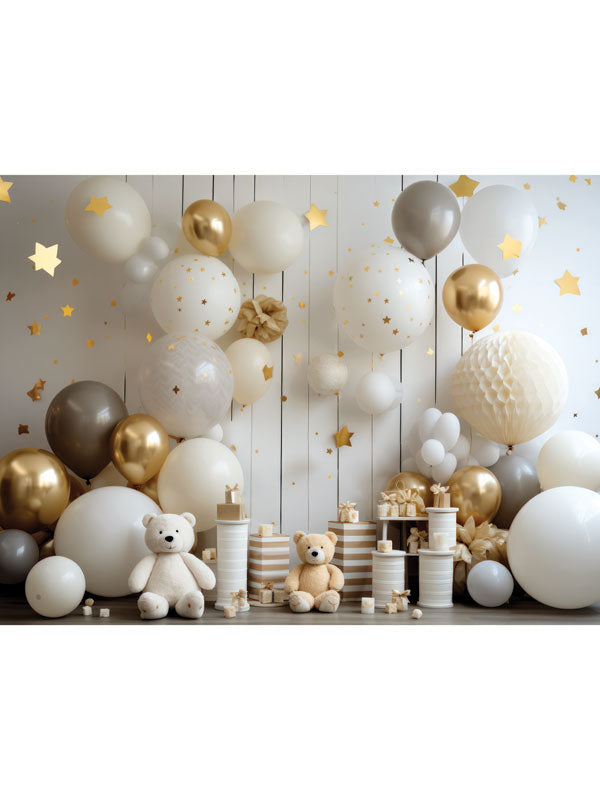 Gold & White Balloon Bliss Cake Smash Backdrop - Festive cake smash backdrop with gold, white, and beige balloons, teddy bears, presents, and a white background adorned with gold stars.