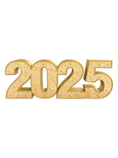 Straight-on view of a sparkling gold 2025 photography prop—perfect for glamorous graduation portraits, holiday minis, or milestone studio themes.