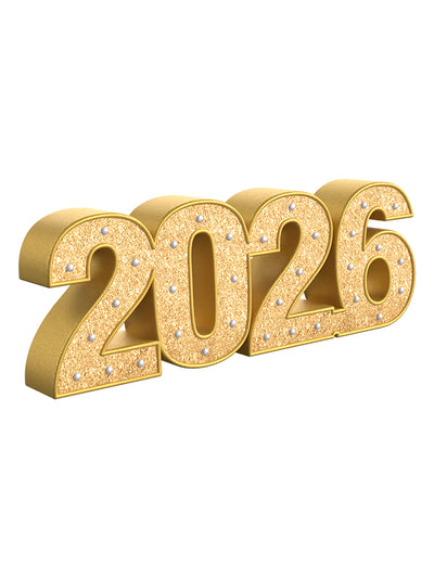 Angled view of a gold 2026 glitter number prop, radiating elegance for studio shoots like class portraits, New Year setups, or graduation photo booths.
